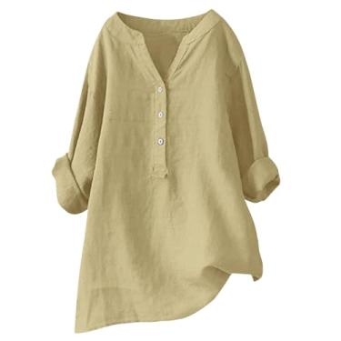 Imagem de Camiseta feminina de algodão e linho, gola V, botões, manga comprida, caimento solto, cor lisa, camisetas casuais, Caqui, P