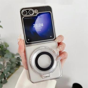 Imagem de Capa de telefone com suporte magnético invisível para Samsung Galaxy Z Flip5 Flip 5 ZFlip 3 4 ZFlip3 4 Capa transparente de carregamento sem fio, prata, para Samsung Z Flip5