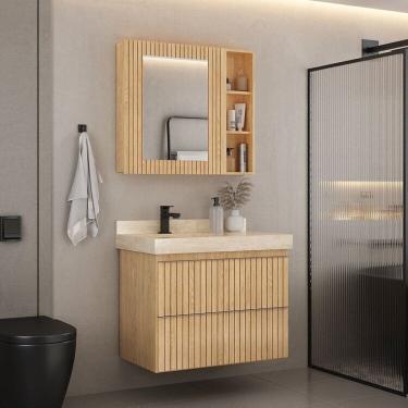 Imagem de Conjunto Para Banheiro Lavatório Em Porcelanato Com Cuba Esculpida, Gabinete e Espelheira Ripy 80cm Wood/Travertino