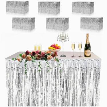 Imagem de Pacote com 6 saias de mesa metálicas com franja e tinsel, antfees, 74 x 272 cm, faixa de saia de mesa descartável para mesas retangulares, casamento, aniversário, boias de desfile, decoração de festa