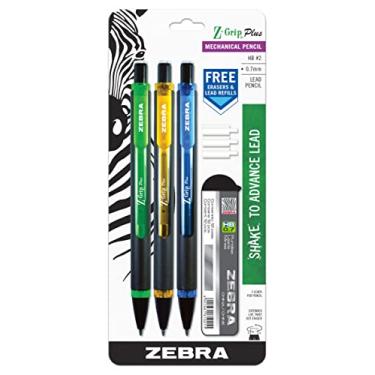 Imagem de Zebra Pen Lapiseira Z-Grip Plus, 0,7 mm, com grafite e borrachas, cores sortidas, verde, amarelo, azul, pacote com 3 (55403)