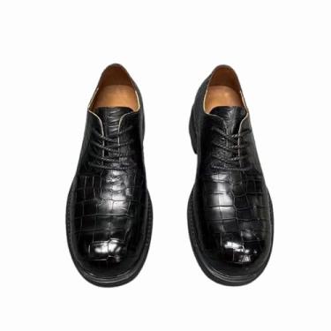 Imagem de Sapato masculino estilo britânico autêntico pele de crocodilo bico redondo grande couro de jacaré exótico genuíno masculino marrom cadarço Derby sapatos, Preto, 41