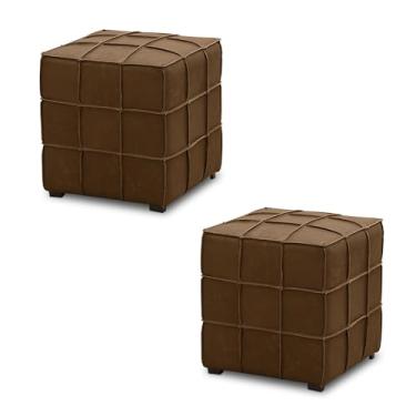 Imagem de Kit 2 Puffs Decorativos Augusto 43cm Sala de Estar Couro Marrom Claro Manchado G88 - Gran Belo
