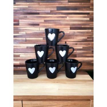 Imagem de Jogo Kit 6 Canecas/ Xicaras Café Porcelana Coração Relevo preto - Neo 