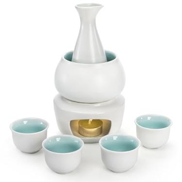 Imagem de Foraineam Conjunto de saquê de cerâmica branca com panela aquecida, estilo japonês, porcelana, saki, quente, garrafa, fogão, 7 peças, incluindo 1 fogão de vela, 1 tigela de aquecimento, 1 garrafa de