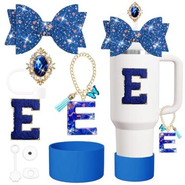 Imagem de XIANGYUAN Conjunto de acessórios para copos Stanley de 8 peças, incluindo tampa e bota de cobertura de canudo de silicone, tampa à prova de derramamento, pingente de alça, adesivo Lette (azul escuro