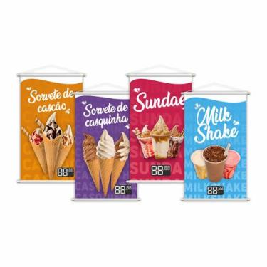 Imagem de Kit 4 Banners Sorvete Casquinha Sundae Milk Shake 80x50cm - PlimShop