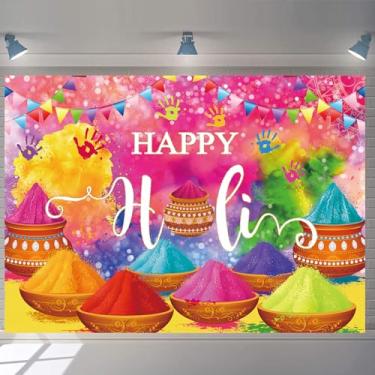 Imagem de Happy Holi Pano de fundo indiano colorido em pó grafite hindu Holi decorações de fundo indiano com estampa de impressão à mão para decoração de festa de festival Holi Banner (20 x 1,78 m (238,8 x