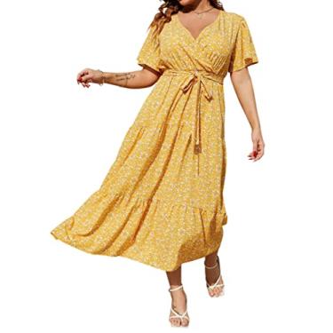 Imagem de KOJOOIN Vestido longo feminino plus size com decote em V, cintura alta, babados, manga curta, vestido casual de verão com cinto, Flor amarela, 3G