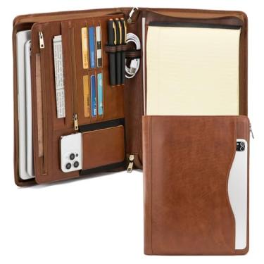 Imagem de Geslun Pasta de couro genuíno, pasta com zíper com suporte para notebook de 21,6 x 28 cm e capa para laptop de 33 cm para homens e mulheres, pasta executiva profissional, marrom, bronzeado a óleo