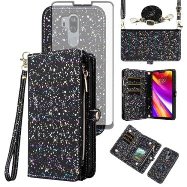 Imagem de Capa de celular para LG G7 ThinQ Carteira magnética destacável com protetor de tela e suporte de cartão com glitter, celular LGG7 One G 7 Plus LG7 Fit LG7ThinQ 7G Thin Q G7+ G7thinq LGG7thinq preta