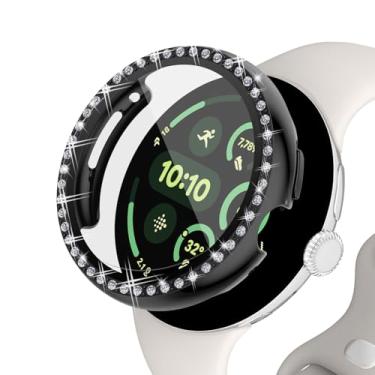Imagem de Capa protetora de tela compatível com Google Pixel Watch 3 de 41 mm e 45 mm, capa protetora completa de policarbonato rígido com filme de vidro temperado para acessórios Pixel Watch 3 (preta, 45 mm)