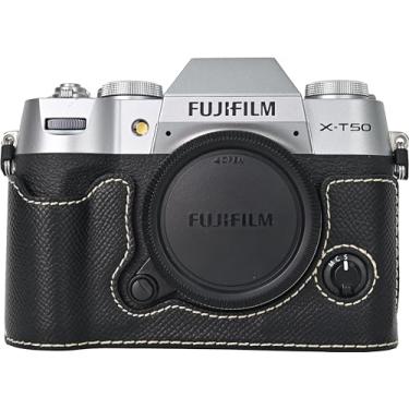 Imagem de Capa X-T50, capa BMAOLLONGB feita à mão de couro PU Frosting meia câmera versão abertura inferior para Fujifilm X-T50 XT50 com alça de mão (preto)