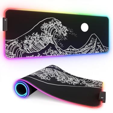 Imagem de ITNRSIIET Mouse pad RGB para jogos, mesa completa XL estendida grande mousepad para jogos, 12 modos de iluminação 30% mais grosso grande LED tapete de mesa para jogadores, 81 x 30 cm, ondas sob a lua