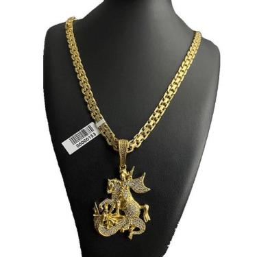 Imagem de Cordão Cadeado D 10mm + Pingente São Jorge - Banhado a Ouro - ToJoia18