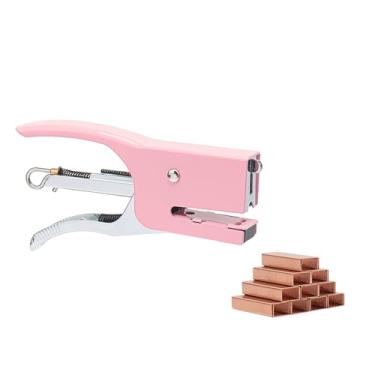 Imagem de NatSumeBasics Grampeador de alicate rosa com conjunto de grampos nº 10, grampeador manual fofo com grampos 1000 No.10 ouro rosa para suprimentos de acessórios de mesa de escritório e casa (grampeador