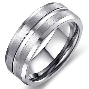 Imagem de Adreamz Anel masculino de carboneto de tungstênio com sulco de prata preta de 8 mm Aliança de casamento de tungstênio com sulco central acabamento escovado fosco bordas chanfradas, 9.5, Carboneto de
