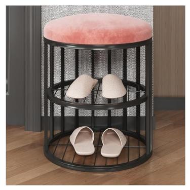 Imagem de LICONG-2020 Banco de sapateira, banco de sapatos redondo de veludo, banco de entrada de sapatos, banco de pé moderno com perna de metal, para entrada de corredor, sala de estar, banco de armazenamento