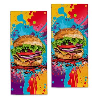 Imagem de Turamurra Toalhas de mão hambúrguer – Pacote com 2, 37 cm x 71 cm, conjunto de toalhas de banho de poliéster de microfibra macia com cheeseburger colorido, para banheiro, cozinha, spa, hotel,