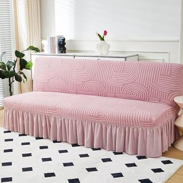 Imagem de Capa de futon sem braços com saia de babados, capa de sofá-cama futon altamente elástica, capa de sofá antiderrapante sem braços, tecido de veludo grosso, macio e aconchegante(Pink,Large (190-210cm))