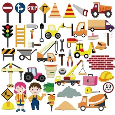 Imagem de BEUNITONE Conjunto de 46 peças de placas de feltro de equipe de construção, grandes figuras de feltro de sinalização de construção para conjunto de placa de flanela, tema de construção de storyboard