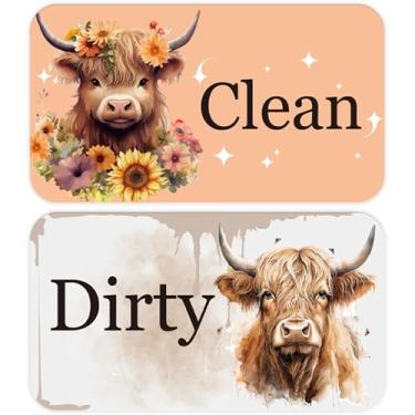 Imagem de Ímã de lava-louças letreiro limpo sujo, impressão de vaca highland dupla face, retângulo arredondado, ímãs limpos/sujos para lavadoras de louça, acessórios magnéticos para casa e cozinha