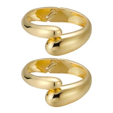 Imagem de Emibele Pulseira de punho, pulseira aberta banhada a ouro 18 K, conjunto de pulseiras grossas articuladas em gota para mulheres, presente de joias não manchadas, pacote com 2, Metal, Sem Pedra