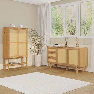 Imagem de Kit Buffet 2 Portas 3 Gavetas Rattan e Cristaleira Porta Rattan Magna Cabecasa Madeiram...