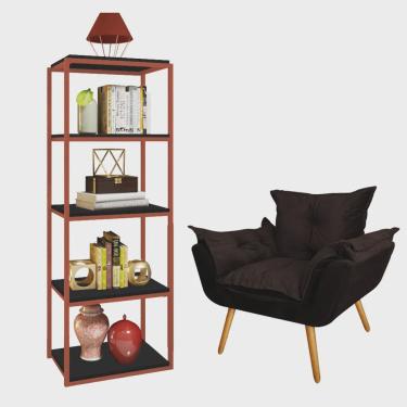 Imagem de Kit Poltrona Fatte com Estante Livreiro Ferro Bronze mdf Preto Suede Marrom - Ahazzo Móveis