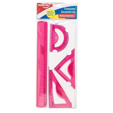 Imagem de Conjunto Geométrico Flexível Escolar 4 Peças Régua 30 cm Rosa Translúcida