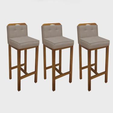 Imagem de Kit 03 Banqueta Alta Com Encosto Agnes Cozinha Balcão Bistrô Base Madeira Castanho Corino Bege - Ahazzo Móveis