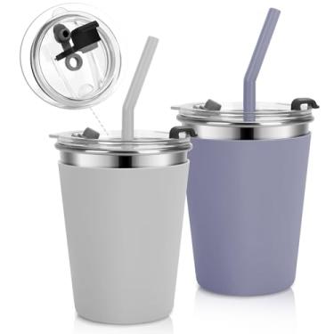 Imagem de Vermida Copos infantis de aço inoxidável com tampas e canudos à prova de vazamento, pacote com 2 copos à prova de derramamento de 340 g para crianças pequenas, copo inquebrável com canudos para escola