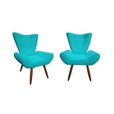 Imagem de Kit 2 Poltronas Decorativa Emilia Suede Azul Turquesa Pés Madeira Ms D