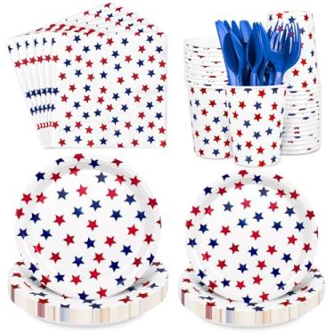 Imagem de JarThenaAMCS Conjunto de 25 kits de artigos patrióticos para festas, conjunto de utensílios de mesa, 4 de julho, vermelho, azul, estrela, pratos descartáveis, copos, guardanapos, garfos, facas