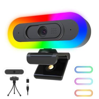 Imagem de ToLuLu Webcam de streaming 2K 50FPS, webcam LED RGB com microfone e luz, câmera de computador com foco automático com capa e tripé, webcam USB plug-in para PC Desktop/MacBook Gaming Video Calling