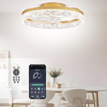 Imagem de STERREN Ventiladores De Teto De Cristal De 19,7'' Com Luzes E Controle Remoto, Ventilador De Teto Led De Perfil Baixo Moderno, Luz De Ventilador Embutida Regulável, Ventilador Dourado Com Mudança De