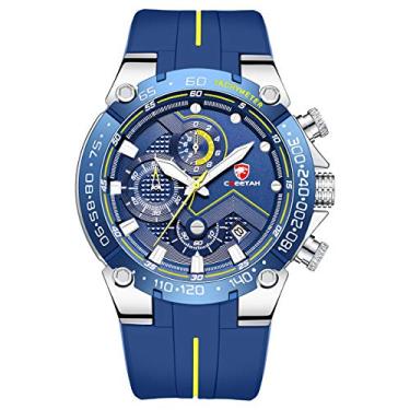 Imagem de CHEETAH Relógio masculino com cronógrafo, à prova d'água, estilo militar, tático, quartzo, esportivo, com pulseira de borracha, A, prata, azul, Cronógrafo, movimento de quartzo
