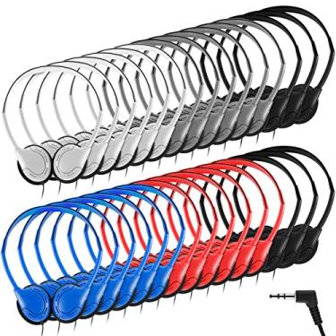 Imagem de Yunsailing Conjunto de 30 fones de ouvido de classe para crianças, estudantes, fones de ouvido em massa para sala de aula ajustáveis na orelha com conector de 3,5 mm para jovens e adultos, itens de