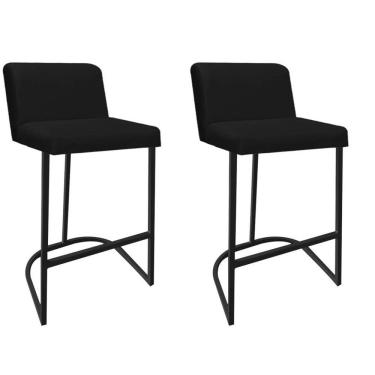 Imagem de Kit 02 Banquetas Com Encosto Noah Luxo Confort Bistrô Cozinha Ferro Preto Suede Preto - Amey Decor