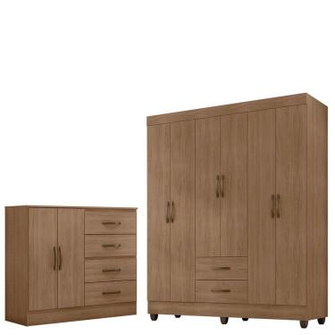 Imagem de Kit Guarda-roupa Casal 6 Portas Com Cômoda Sapateira 4 Gavetas Lisa Carvalho Oak