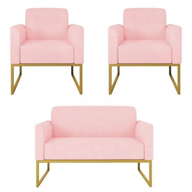 Imagem de Kit Namoradeira E 2 Poltronas Decorativas Base Industrial Dourada Maressa S19 Suede Rosa Bebê - Ibiza