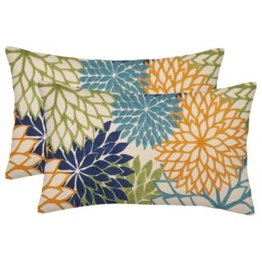 Imagem de Conjunto de 2 capas de almofada azul marinho verde 30,5 x 50,8 cm conjunto de 2 almofadas decorativas florais azul-petróleo laranja dália casa de fazenda decoração de flores geométricas capa lombar
