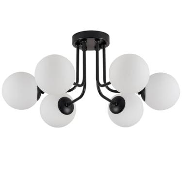 Imagem de erpymi Luminária De Teto Semi-Embutida Moderna Com 6 Lâmpadas, Cúpula Vidro Preto E Branco, Lustre Sputnik Para Quarto, Sala Estar, Corredor, Jantar