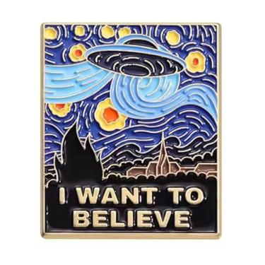 Imagem de Pôster The X-Files I Still Want to Believe UFO Alien Mulder Scully Ficção Científica Programa de TV Noite Estrelada Van Gogh Pintura Arte Mashup 3,8 cm Emblema de Broche Esmaltado