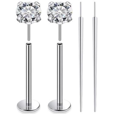 Imagem de Ruifan ASTM F136 titânio bochecha piercing barra joias sem rosca push in flat back língua anéis transparente zircônia cúbica sólida titânio labret piercing corporal joias para mulheres homens 16G 14
