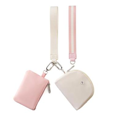 Imagem de ZRRAJOY Mini Carteira Com Zíper E Alça De Pulso Para Mulheres, Porta-Moedas Duas Alças, Chaveiro Pulso, Pequena Fofa Bolsa Adolescentes, Organizadora Compacta Cartões, Chaves Moedas (Bege + Rosa)