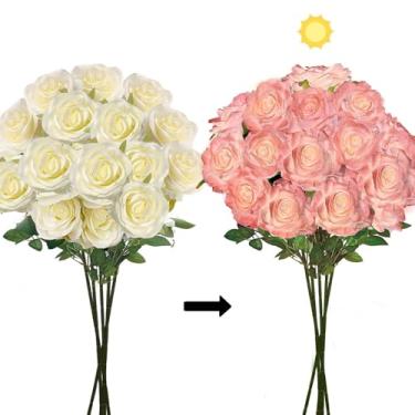 Imagem de SNAIL GARDEN Rosas artificiais que mudam de cor, rosa falsa branca 15 flores, haste longa rosa de 65 cm, flores falsas realistas, flores de seda para decoração de casa, centros de mesa de casamento