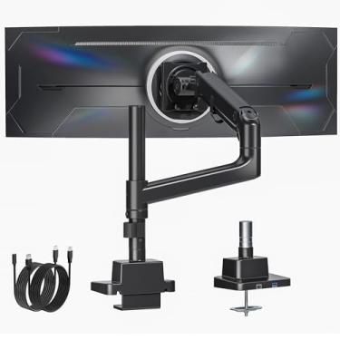 Imagem de monTEK Braço de monitor único resistente para telas Ultrawide de 17 a 57 polegadas, até 27 kg, suporte ajustável com mola a gás para mesa, suporte VESA de 75/100 mm com USB, preto