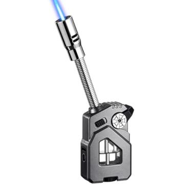 Imagem de Isqueiro de tocha, isqueiro recarregável de butano com perfurador, isqueiros longos com tanque de gás visível e mostrador de chama ajustável, à prova de vento para velas, churrasqueira, lareiras