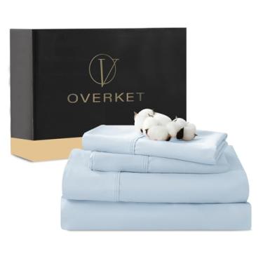 Imagem de Overket Lençóis de algodão egípcio tamanho casal 4 peças 1000 fios trama cetim macio respirável bolso profundo 40,6 cm (completo, azul claro)